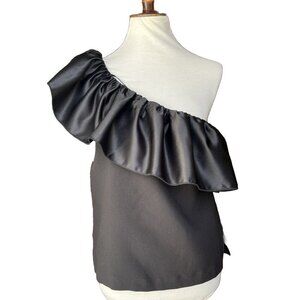 Endless Rose Womens Black One Shoulder Satin Ruffle Top Size L